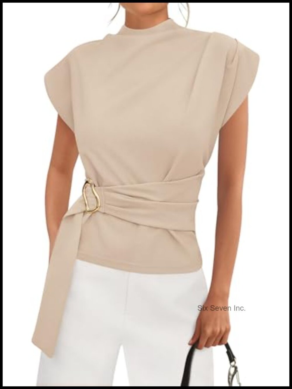 PRETTYGARDEN Womens Cotton Blend Mock Neck Cap Sleeve Business Casual Blouse